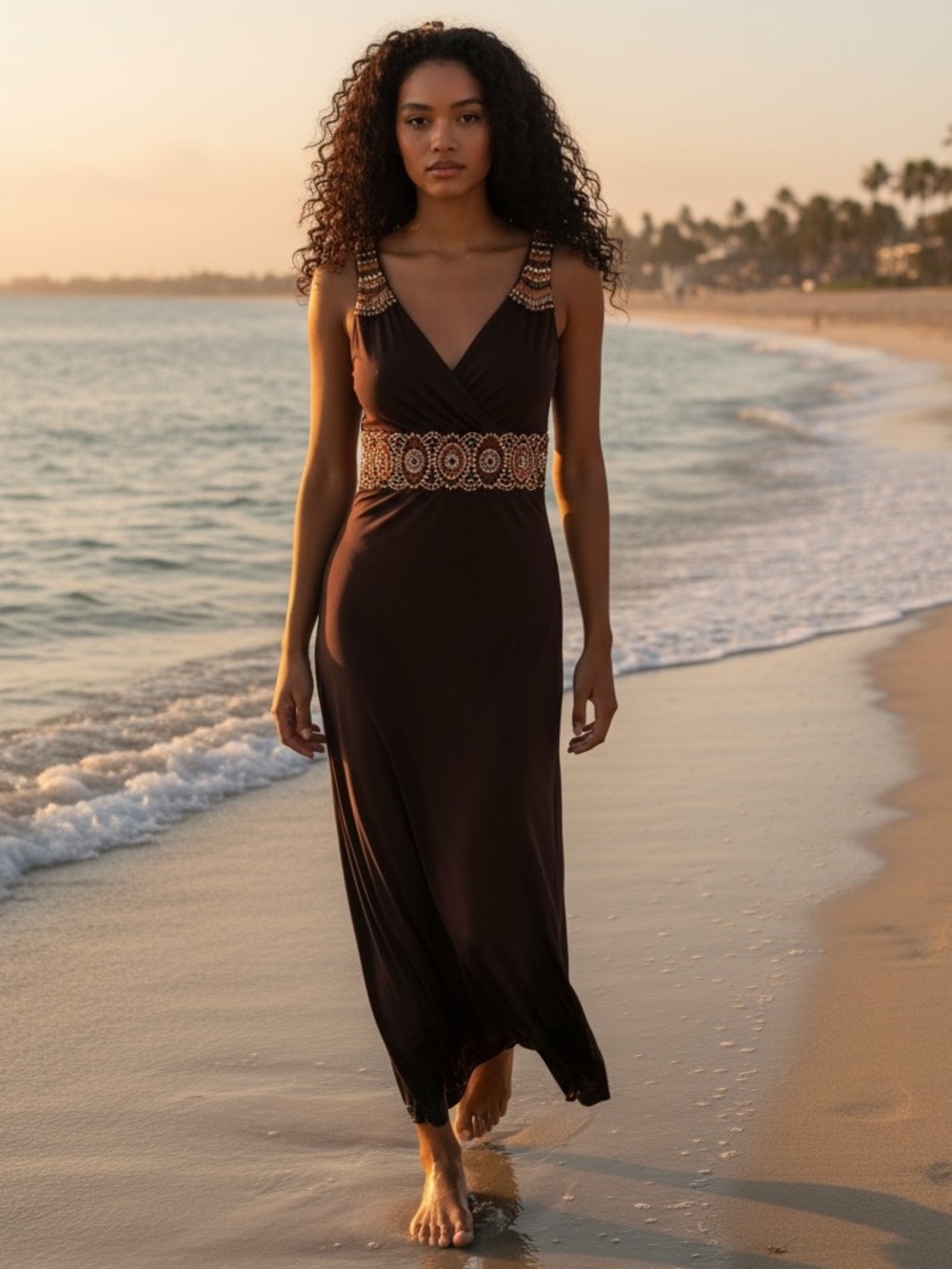 Adrianna Papell Brown Maxi Dress with Beaded Waist and Straps